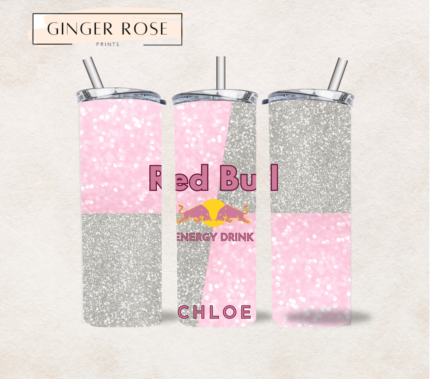 Personalised Silver & Pink Red Bull 20oz Tumbler