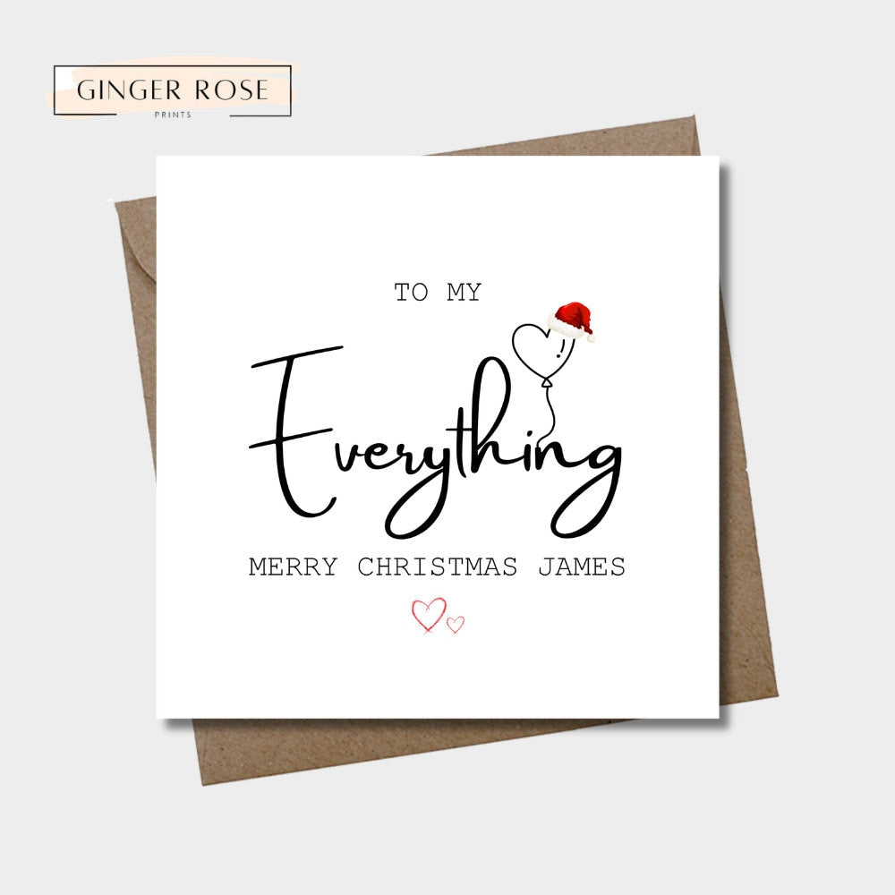 To My Everything Christmas Card | Balloon Heart and Santa Hat Card
