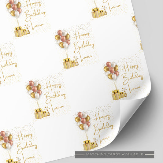 Gold Balloon & Present Birthday Wrapping Paper